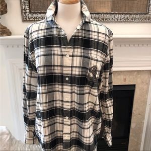 Ralph Lauren Plaid Flannel Shirt Rhinestone R Logo Embellishment Sz Large L